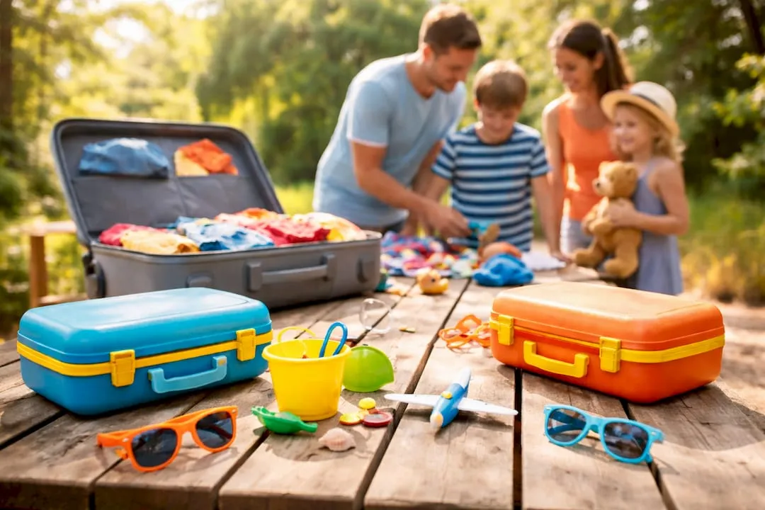 Gezellige vakantiescène met speelgoed voor elk gezinslid, afgestemd op de leeftijd.