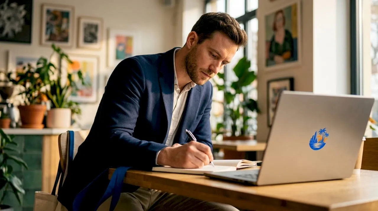 Terwijl de laptop openstaat, worden er met de hand aantekeningen gemaakt.