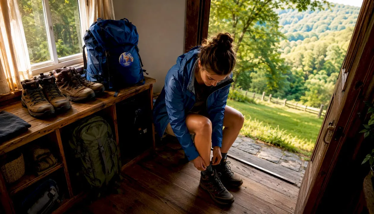 Vrouw pakt haar rugzak in voor een onverwacht avontuur in de natuur