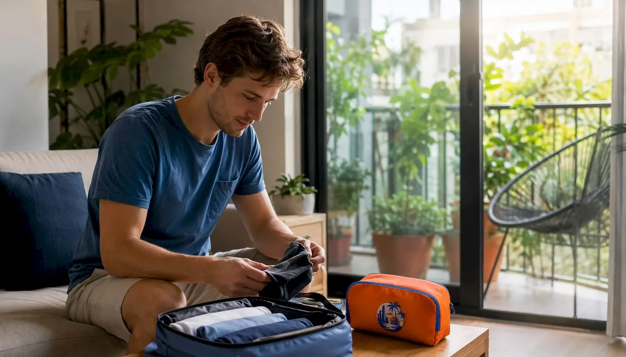 Man rolt zijn kleding handig op het bed om slim in te pakken voor vakantie