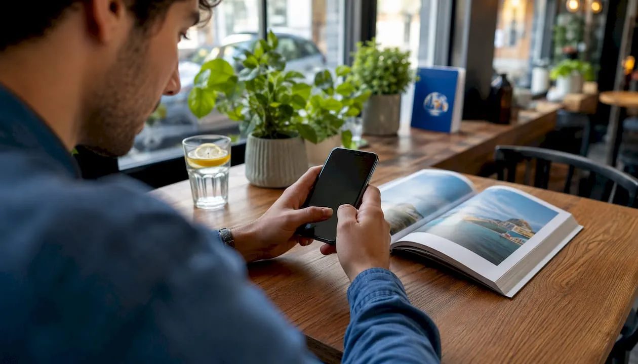 Met een kop koffie aan een tafeltje in het café snel nog even de beste last minute reisdeals bekijken op je telefoon.