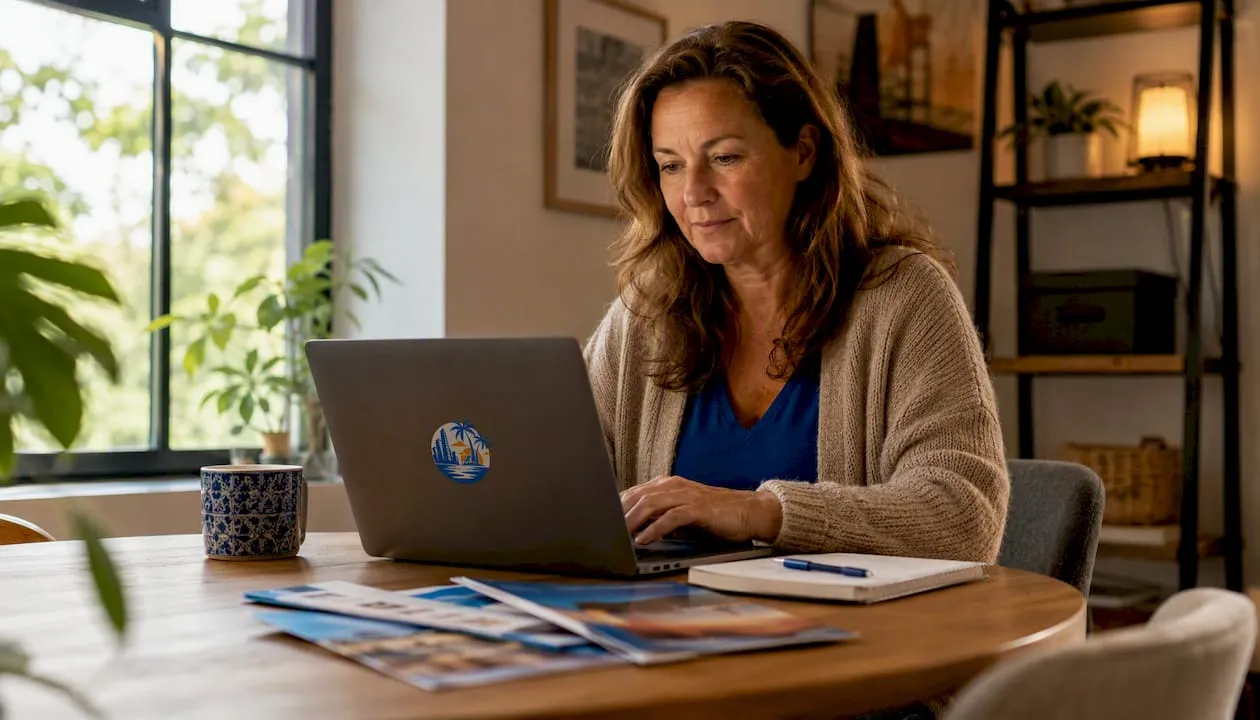 Een vrouw speurt online naar spontane vakanties op haar laptop.