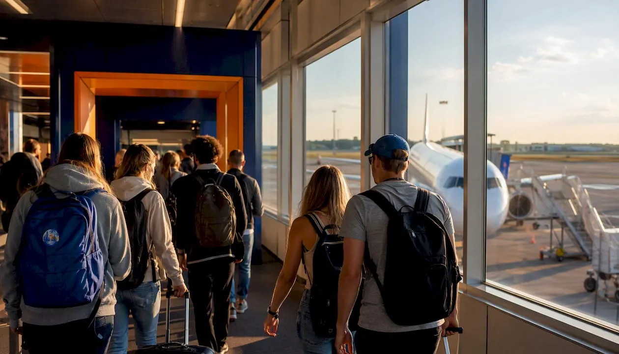 Reizigers die zich inchecken op Maastricht Airport