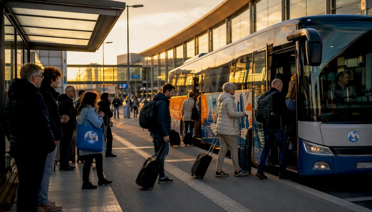 De bus komt zo aan bij de terminal van Maastricht Airport.