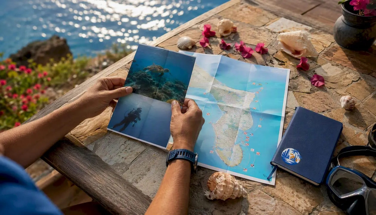 Twee handen houden een duikbrevet en een kaart van Bonaire vast.