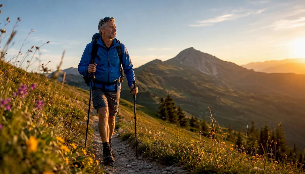 Een man maakt een ontspannen wandeling over een bergpad, omringd door weelderig bos.