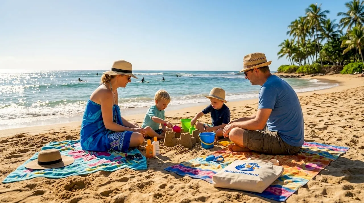 Samen met het gezin genieten van een zonnige stranddag, terwijl de kinderen vrolijk een zandkasteel bouwen.
