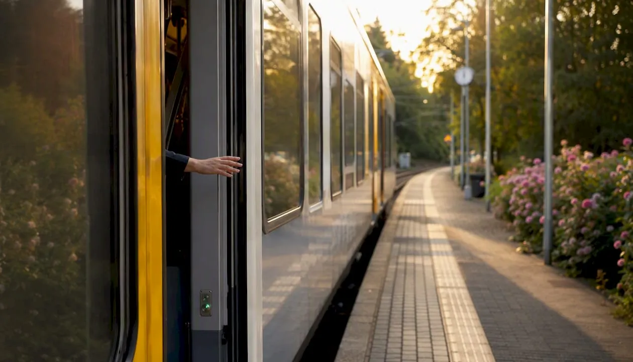 De deuren van de trein gaan open op een regionaal station in Duitsland.