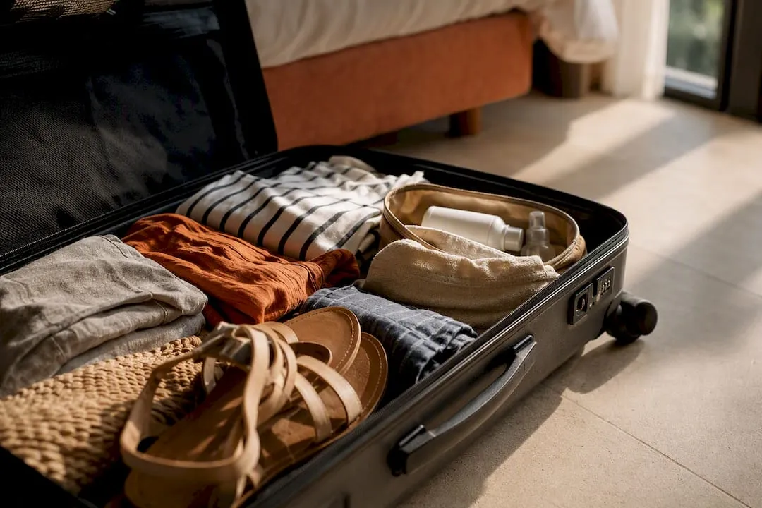 Een open koffer vol met vakantiekleding ligt klaar om mee te nemen.