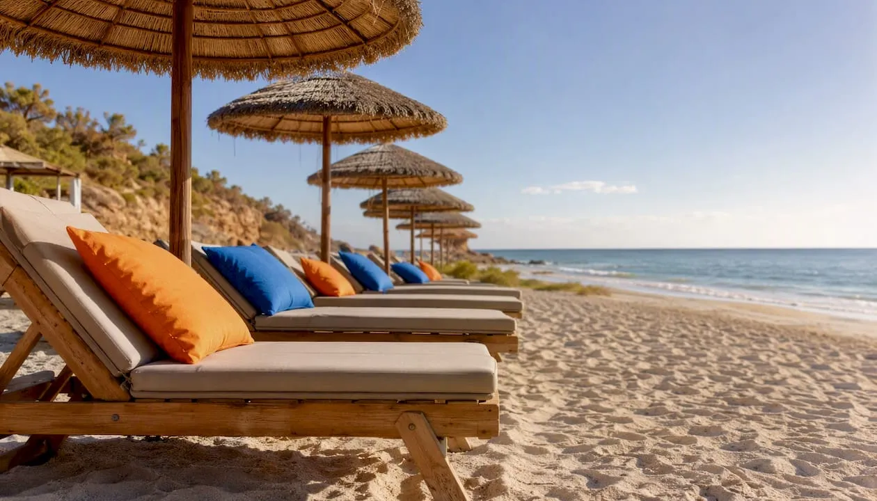 Lege ligstoelen op een zonnig winterstrand