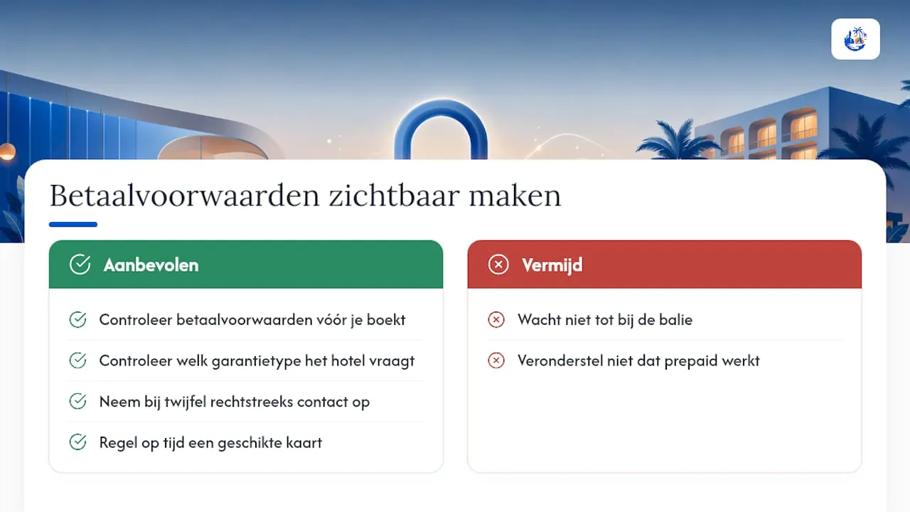Hoe wij betaalvoorwaarden zichtbaar maken vóór je boekt — overview diagram