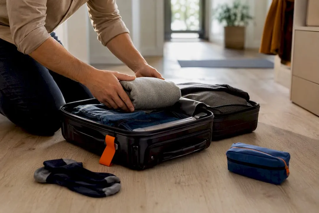 Handen pakken een handbagagekoffer in voor vertrek